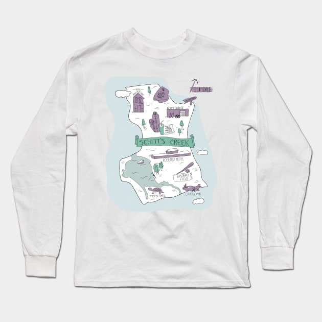 The Town of Schitt's Creek, hand drawn map of all of the town landmarks in purples, blues and minty greens. Long Sleeve T-Shirt by YourGoods